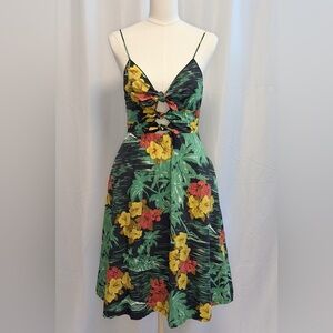 Zara Navy Floral Cotton Midi Dress M Tropical Palm Boho Tie Front Summer